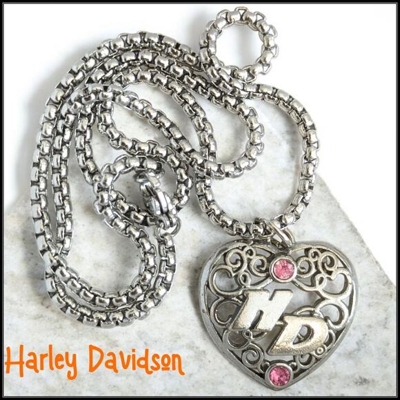 HARLEY DAVIDSON MOTORCYCLES HD Heart with Pink Rhinestones Pendant Necklace - Picture 1 of 6